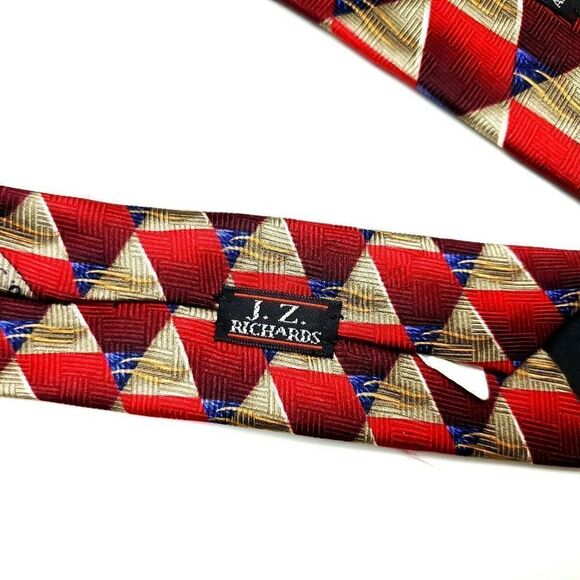 JZ Richards Silk Tie Print Red Geometric Wide Hand Made - Picture 5 of 7